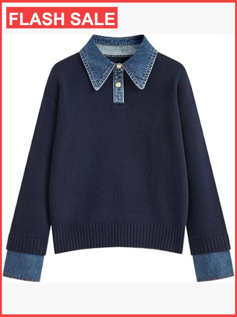 Oversized Denim Panel Pullover Sweater Long Sleeve V-Neck Knit Top